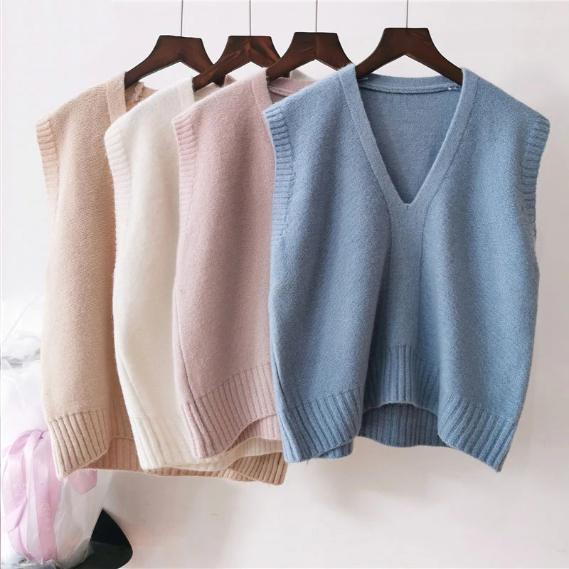 

Fashionable Solid Color V-neck Sweater Vest Women Loose Sleeveless Simple Commuter Undecorated Knitted Sweater Vest Femal Spring