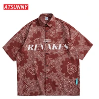 atsunny print short sleeve hiphop streetwear casual man summer fashion hong kong style shirt tops