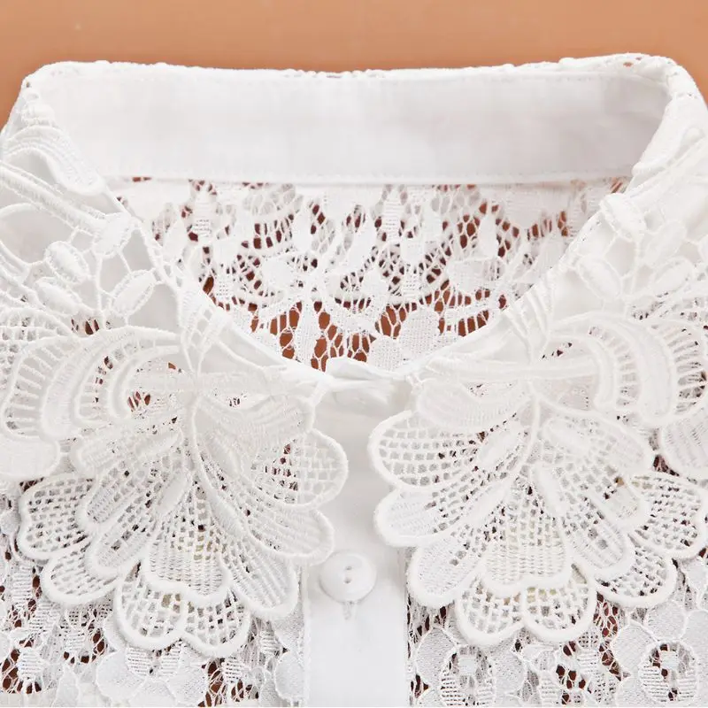 

Q1FA Women Blouse Sweater Round Neck Fake False Collar Detachable Sheer Embroidered Floral Lace Solid Half Shirt Tie Button