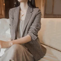 vintage chic button office ladies business plaid blazer long loose woolen jacket houndstooth suit coat women blazers female 2021