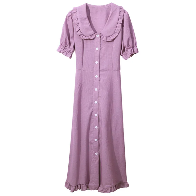 

Purple dress female temperament was thin bubble sleeves high waist doll collar single-breasted summer new Vestidos 2020 D292