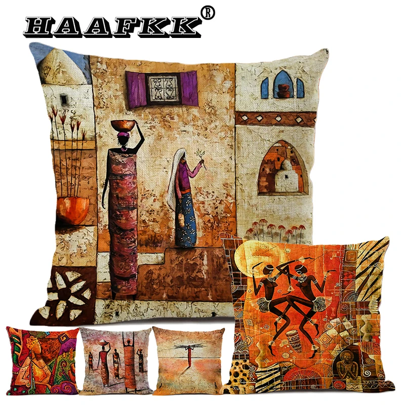 

Art Oil Painting Cushion Cover Living Room Sofa African Decorative Pillow Car Decorative Cushion Cover 45x45cm Linen Pillow