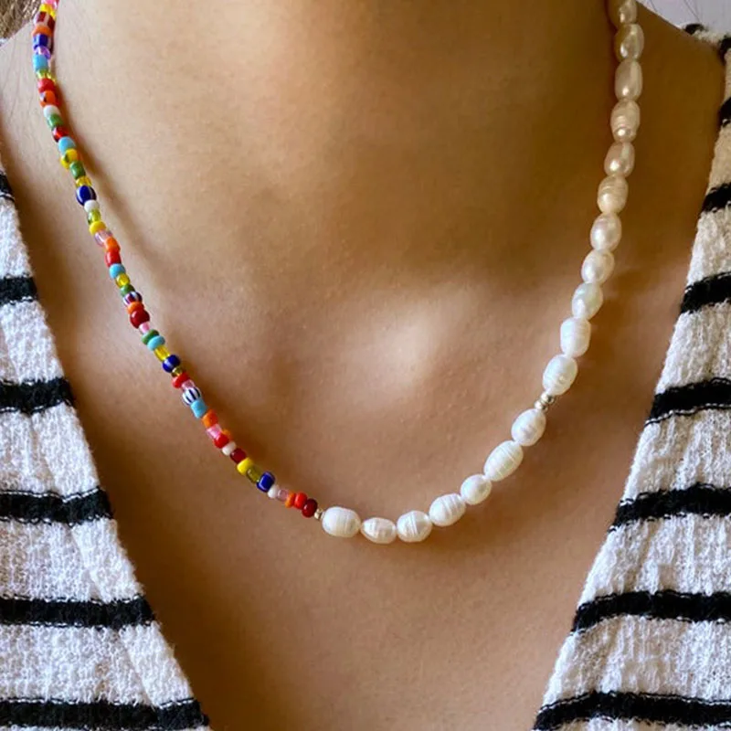 

Pearl and colorful bead necklace, half-pearl necklace, freshwater pearl necklace, rainbow adult choker