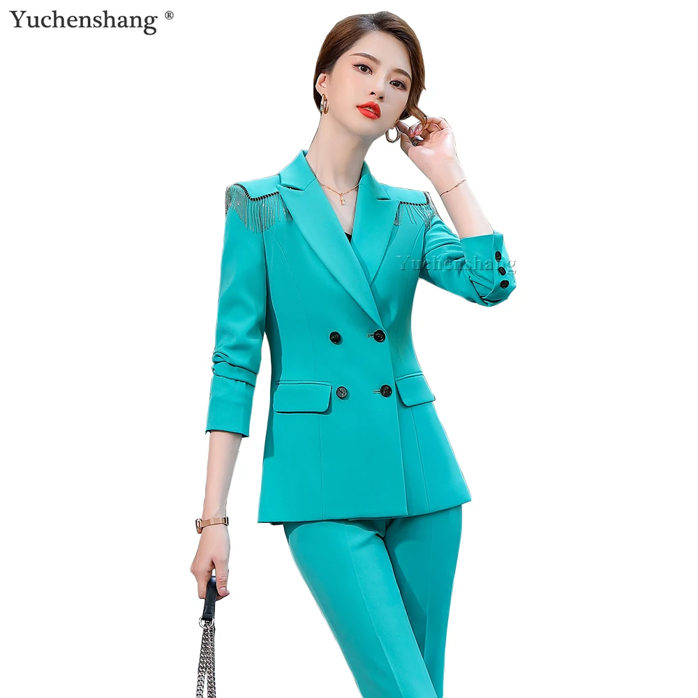 2021 New Arrival Women Double Breasted Formal Ladies Pant Suit Blue White Black Fashion S-5XL 2 Piece Set  With Beaded Tassel