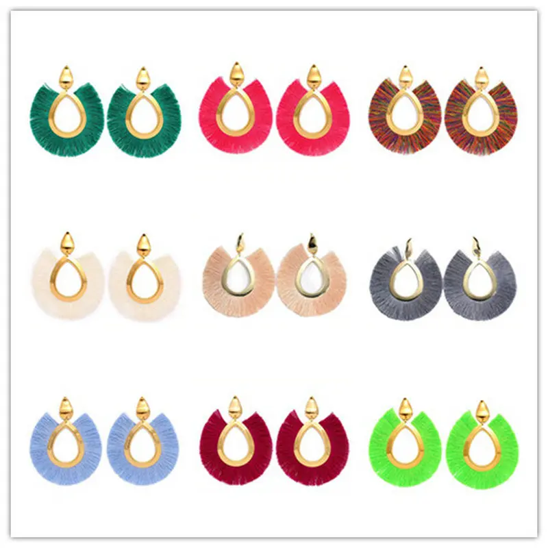 Яркая луна женские красочные богемные нитки кисточкой Висячие кольца овальные