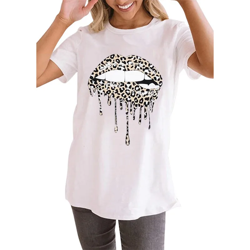 Женская Сексуальная футболка с леопардовым принтом и вырезом в виде губ хипстер