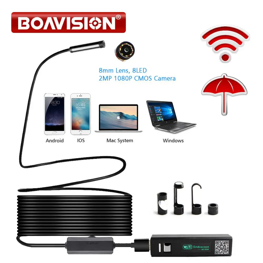 Full HD 1200P 2MP Wi Fi эндоскоп камера беспроводная 8 мм светодиодный жесткий кабель змея
