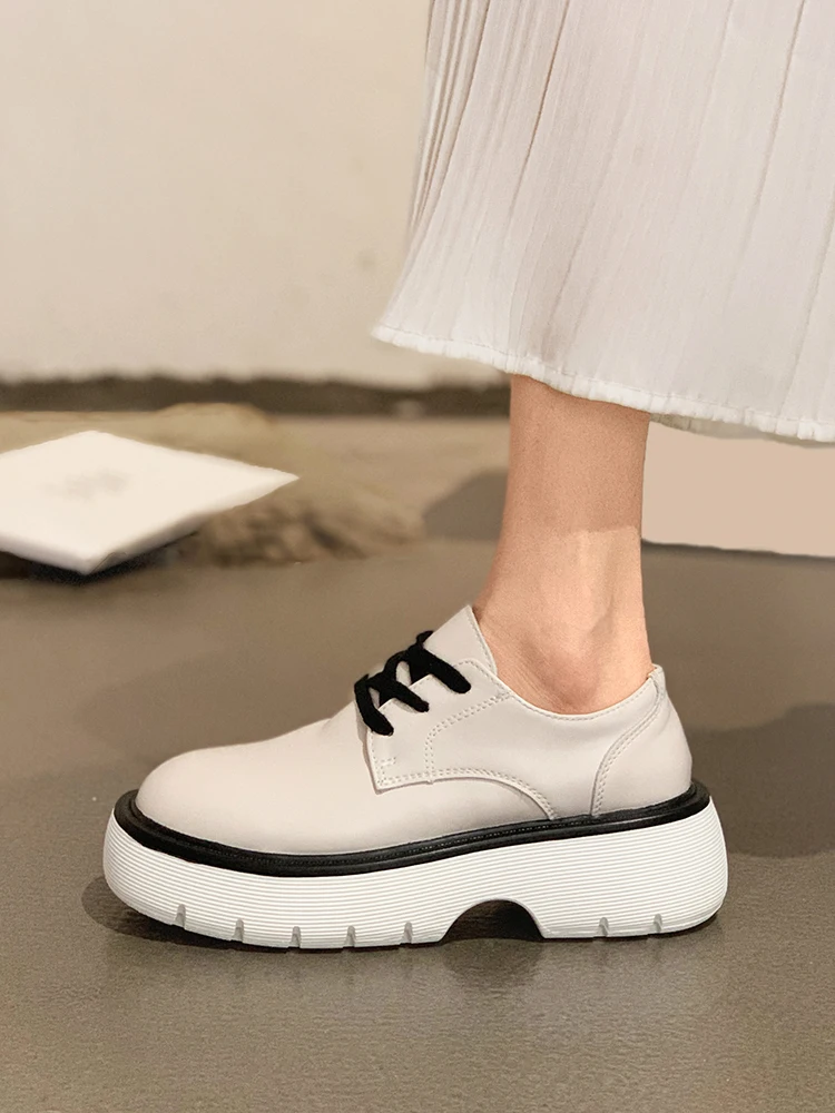 

Туфли женские на шнуровке, толстая нескользящая кожа, однотонные, в стиле ретро, весна-осень 2021