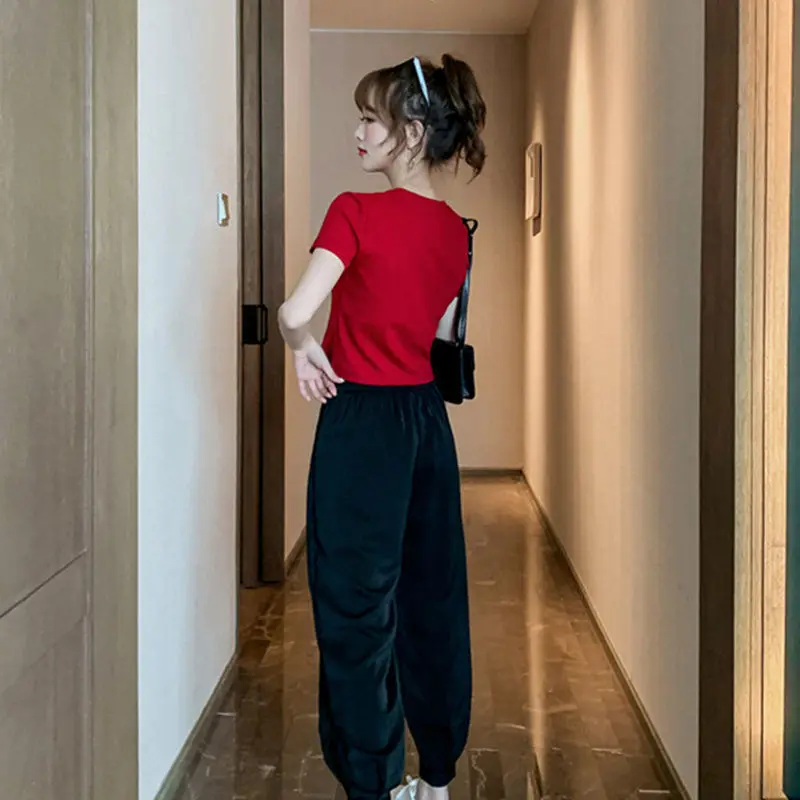 

2021 New Summer Women Suits Short-sleeved T-shirt Top + Loose Casual High Waist Ankle-length Pant Suit 2 Piece Set Outfit Q44