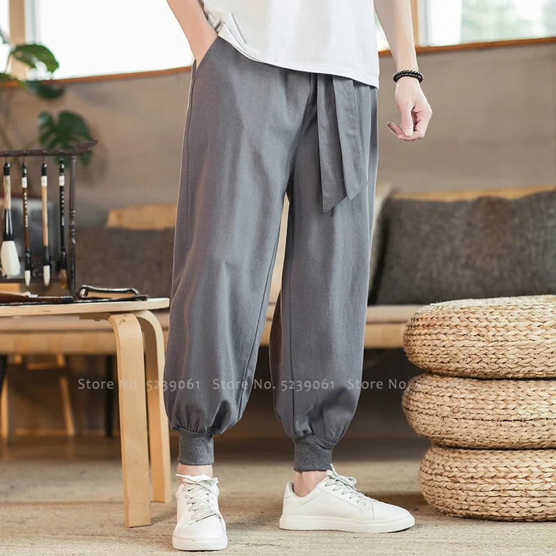 

Men Traditional Chinese Tang Suit Tai Chi Kung Fu Trousers Casual Loose Harem Beam Feet Pants Retro Stage Martial Arts Outfits