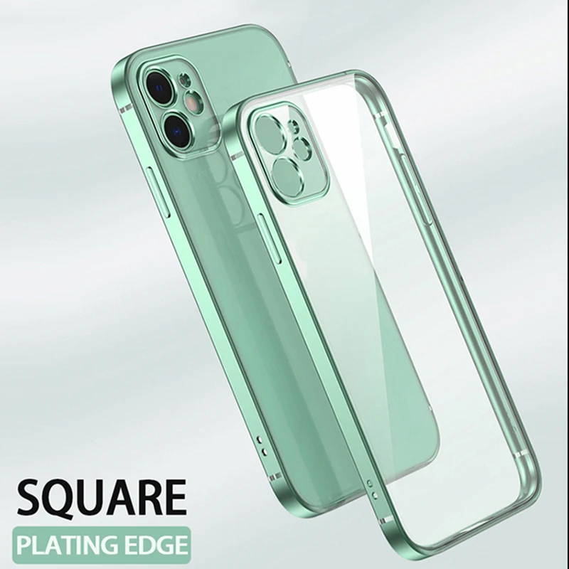 

Luxury Plating Square Frame Transparent Case For iPhone 11 12 Pro XS Max 12Mini X XR 6 6s 7 8 Plus SE 2020 Soft Silicone Cover