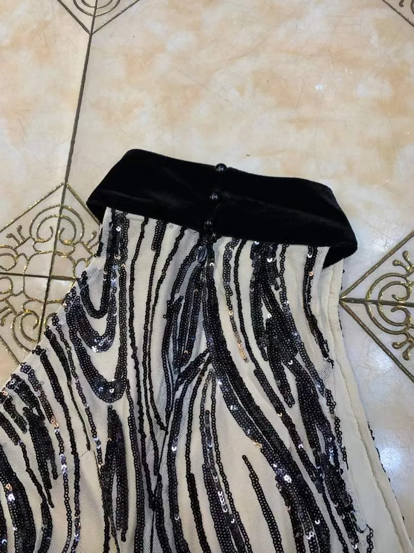 

New High Street Women Sexy Sleeveless Mesh Sequins Glitter Black Bodycon Jumpsuit 2021 Celebrity Designer Chic Ladies Rompers