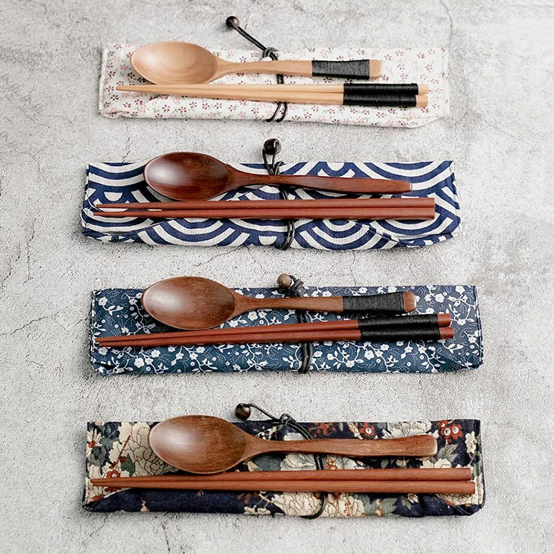 

Environmental Wooden Cutlery Set Japanese Style Spoon Chopsticks Set Long Handle Dinner Spoon Portable Tableware Teaware