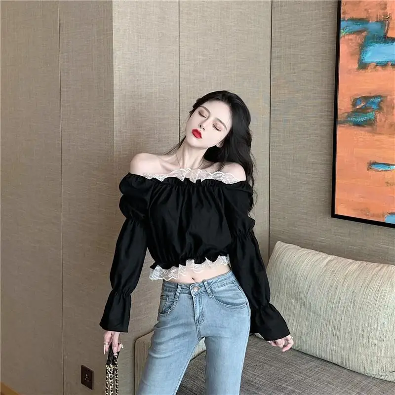 

blouse Women Autumn Solid Slash Neck Flare Sleeve Chic Minimalist Daily BF Style Feminino Blouses Trendy Retro All-match Tender