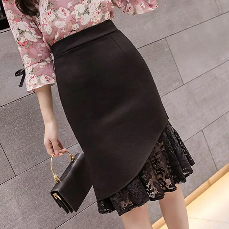 SEXMKL Faldas Mujer Moda Женщины Высокой Талией Кружевные Лоскутные Юбки Корейская Уличная Одежда Юп Femme Midi Юбка-Карандаш Плюс Размер