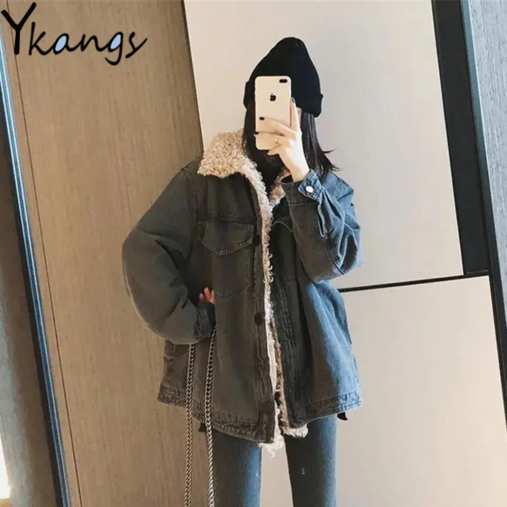 

Faux Teddy Fur Stitching Collar Pockets Quilted Denim Coat Plus Imitation Lambswool Lined Black Jean Jackets Chic Women Outwear