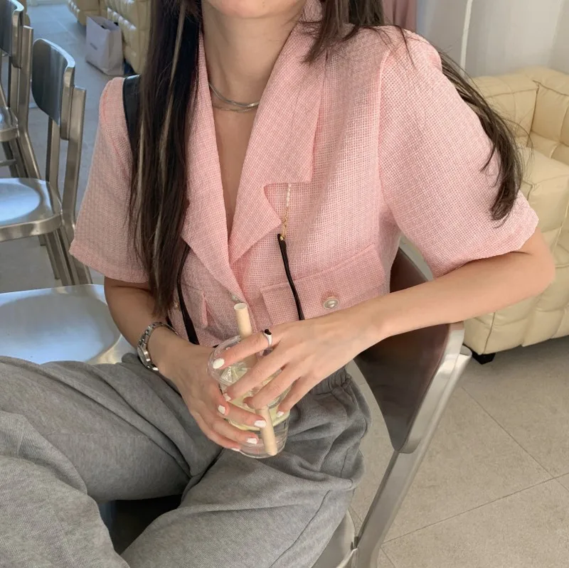 

2021 summer Fashion women Tweed Blazers Coat Vintage Notched Collar Short Sleeve Female Outerwear Tops