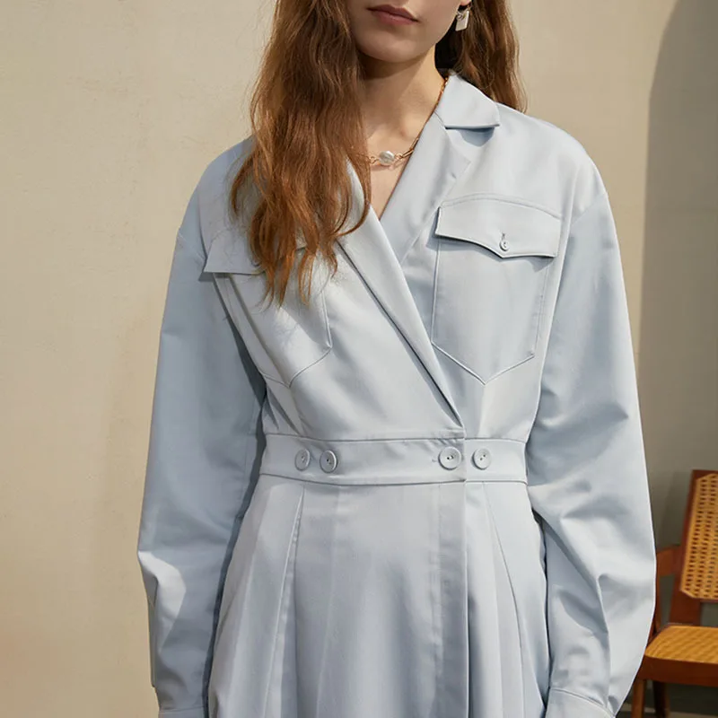 

TWOTWINSTYLE Solid Designer Dress For Women Lapel Long Sleeve High Waist Ankle Length Dresses Female Clothing 2021 Fashion Tide