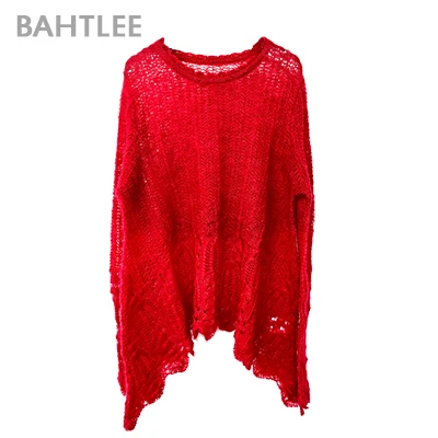 red BAHTLEE весна осень женские мохеровые пуловеры с круглым вырезом выдолбленный свитер вязаный длинный рукав шерстяной джемпер ленивый стиль - Цвет: red