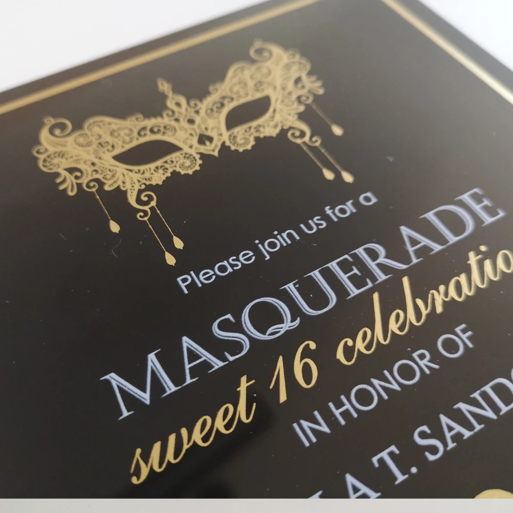 10pc/lot High quality UV Printing Eco-Friendly inks Screen Gold Foil Mask Black Acrylic Card Wedding Invitation | Дом и сад
