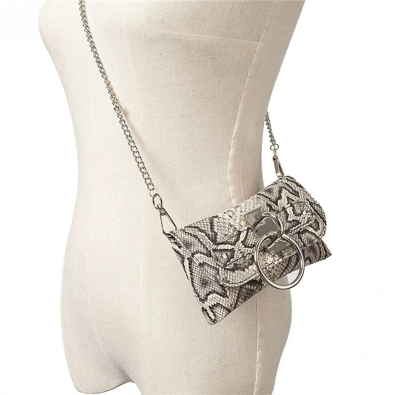 Fashion Women Waist Bag PU Leather Mini Serpentine Fanny Packs Belt Chains Snake Skin Money Flap Handbag 2019 #40 | Багаж и сумки