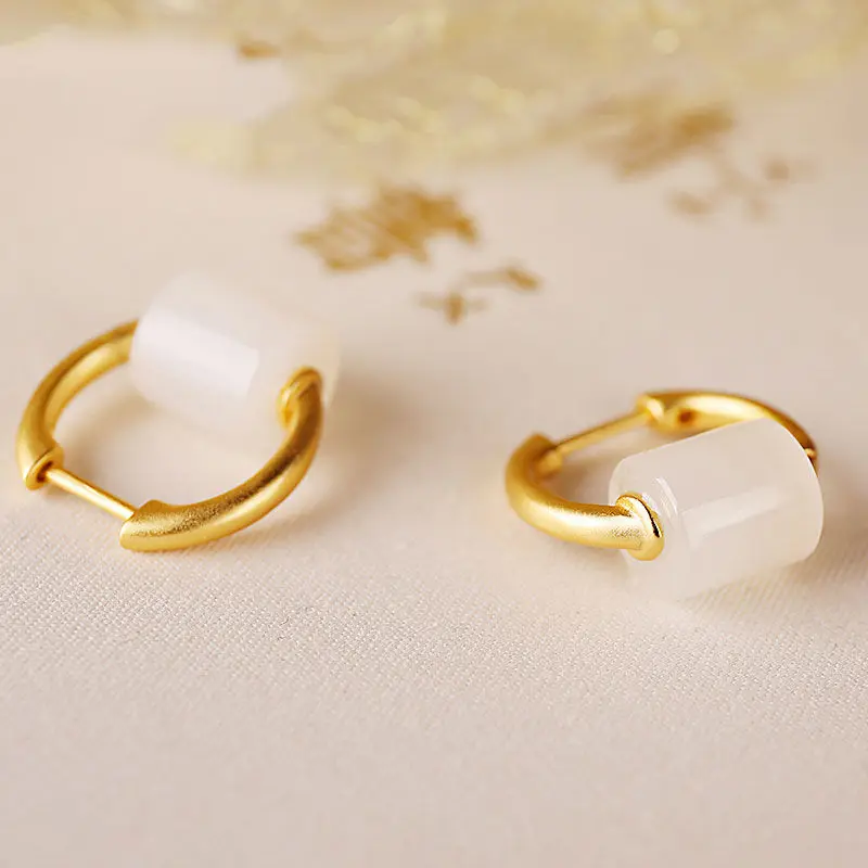 

Ancient Natural Hetian Jade Jue Suet Women's as Right as Rain Cylindrical High-Grade Frosted Gold Earrings Eardrop Earring