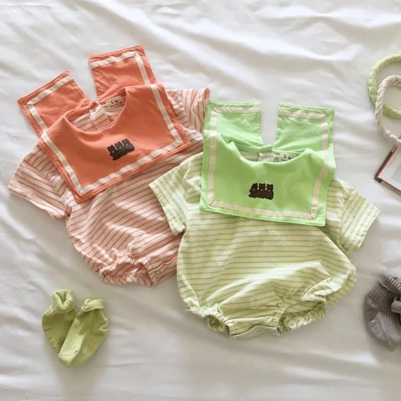 

7687 Baby Clothes Toddler Girl Romper New Three Bears Print Baby Boy Romper Summer 2021 Sailor Collar Infant Clothes Onesies