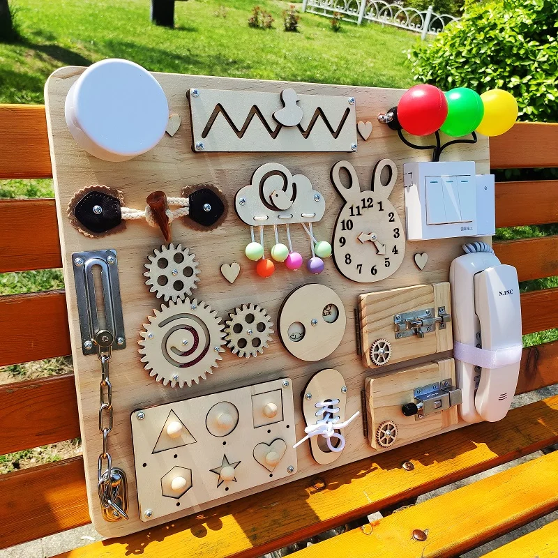 

Montessori Educational Wooden Chips Seasaw Dinosaur Gears Hourglass Plate Puzzle Game Gift Children Circus Busy Board DIY Toys