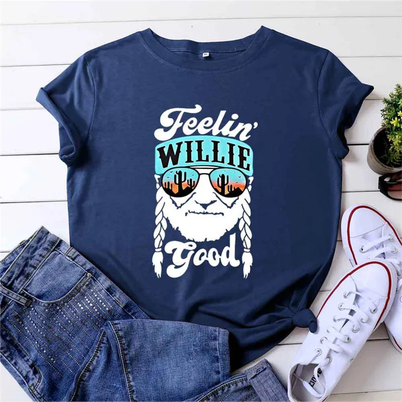 

Feelin Willie Good Print Women T-shirt Summer Plus Size Short Sleeve Cute Cactus Glasses Human Funny Graphic T Shirt Fashion Tee