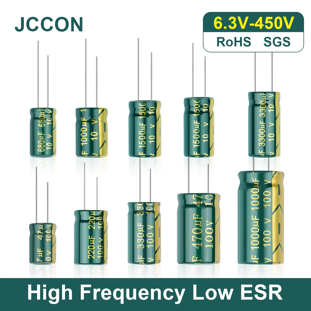 

JCCON High Frequency Low ESR Aluminum Capacitor 6.3V 10V 16V 25V 35V 50V 63V 100V 400V 450V 100UF 220UF 330UF 470UF 680UF 1000UF