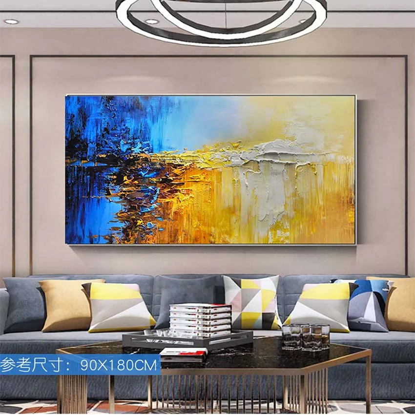 

Сине-желтая абстрактная картина ручной работы Холст Картина маслом на заказ висячий постер украшение дома роспись для гостиной спальни оте...