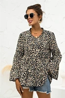 womens pullover shirt black white apricot spring and autumn leopard fashion trumpet sleeve v neck loose casual female blouse