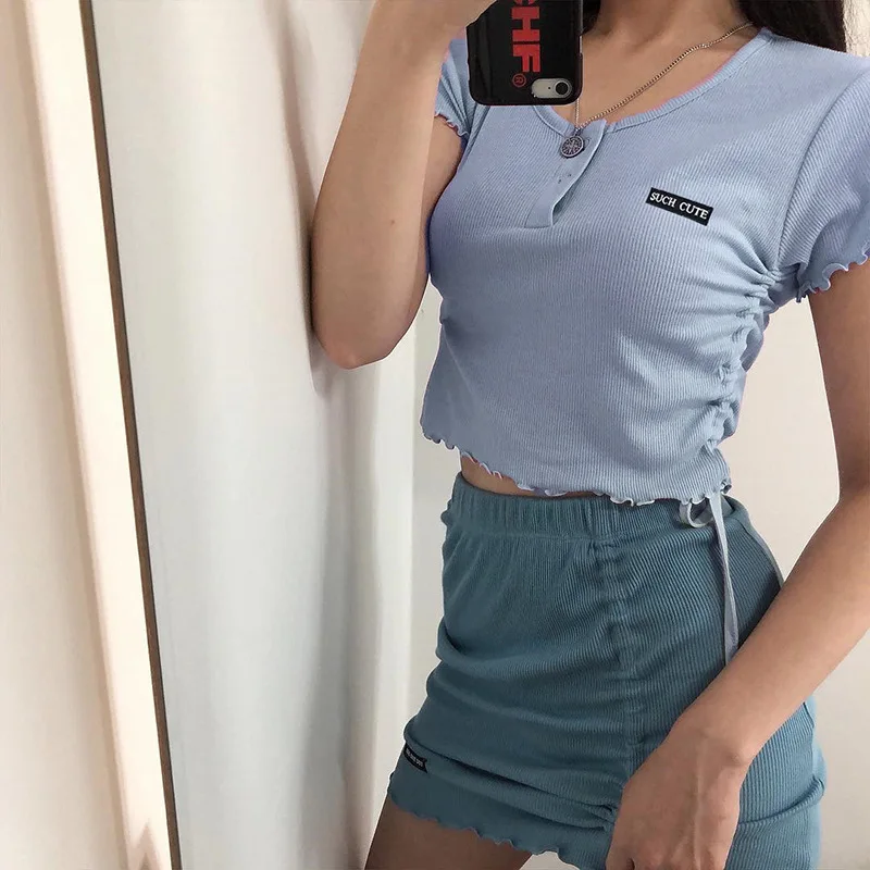 

Women T-Shirt Short Sleeved Ladies Slim Drawstring Around Printed Small Print Fungus t Shirt Sexy Crop Tops Street Casual Summer