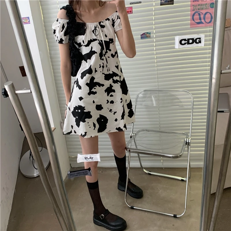 

Cow Print Dress Women 2021 Fashion Sexy Pencil Dress Women Summer One Shoulder Streetwear Women Korean Trendy Dress Y855