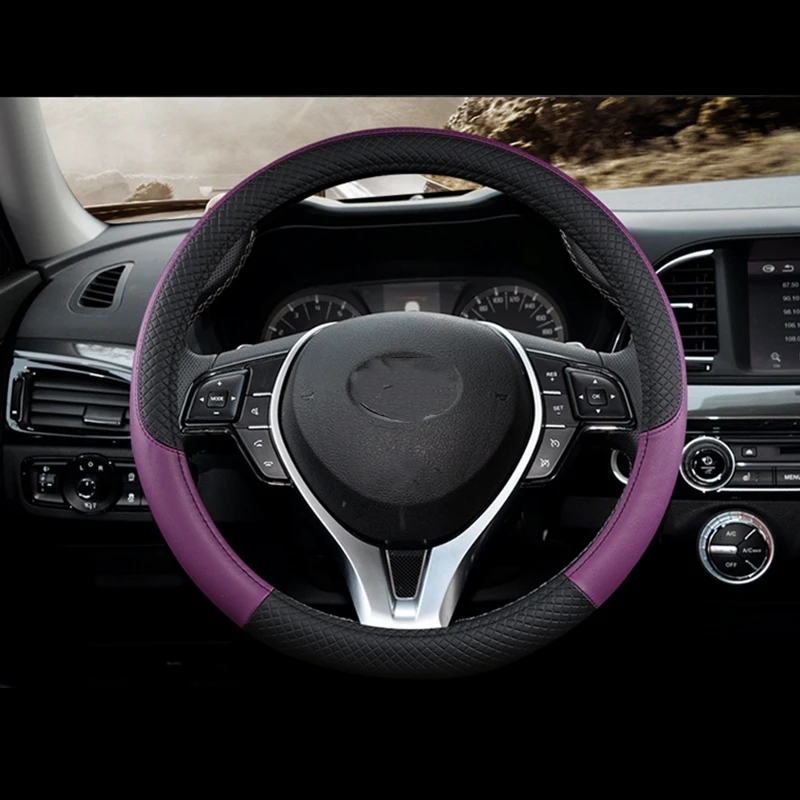 Black Purple Чехол рулевого колеса автомобиля Skidproof Авто Крышка рулевого колеса Противоскользящий Универсальный тиснение кожа автомобиль-Стайлинг - Название цвета: Black Purple