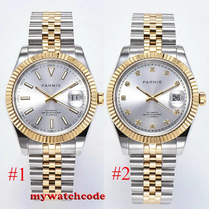 Мужские автоматические часы 39 5 мм PARNIS с серебристым циферблатом желтым и золотым