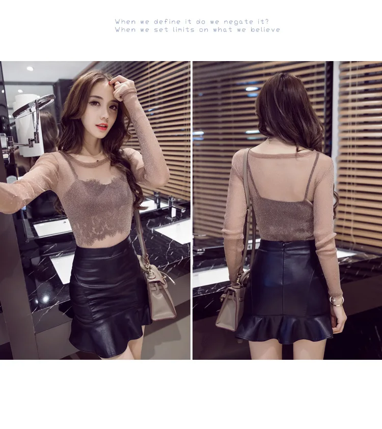 

2020 Slim Spring Summer New Korean Style Slim Sexy Perspective Lace Top + U Leather Skirt Fashion Three Piece Women's Dress