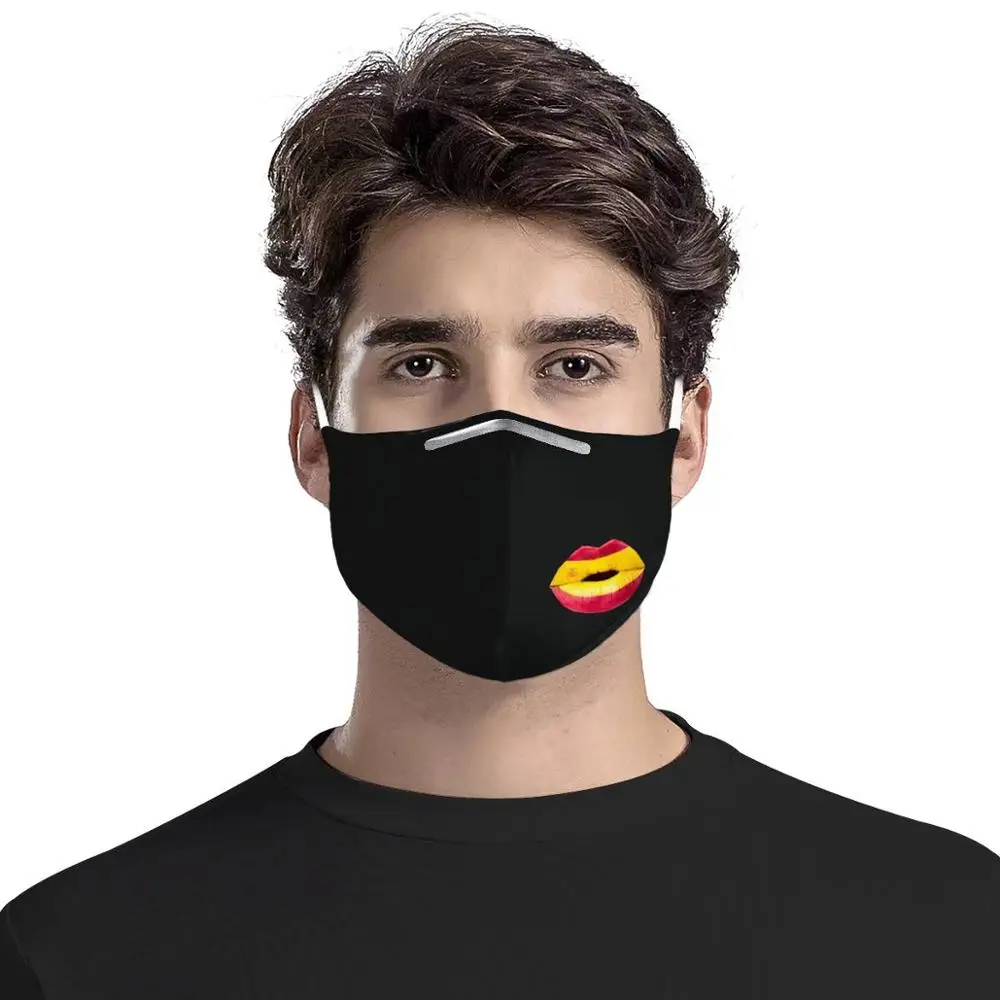 

4Pcs Filter Masks Spain flag national emblem lips doodle Anti-dust Reusable gas mask Customizable cycling ski fishing black mask
