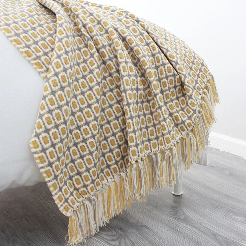 

Nordic US Pastoral Style Yellow Sofa Blanket Knitted Throws Simple Design Check N1HF