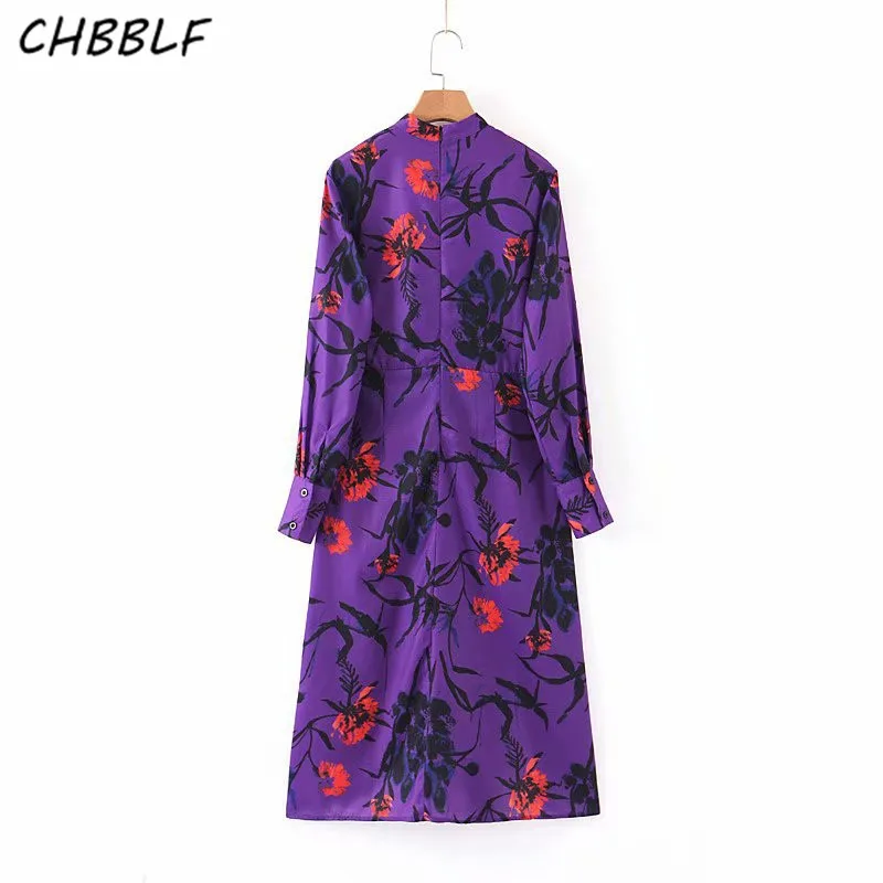 CHBBLF женское фиолетовое платье миди с цветочным принтом и длинными рукавами на