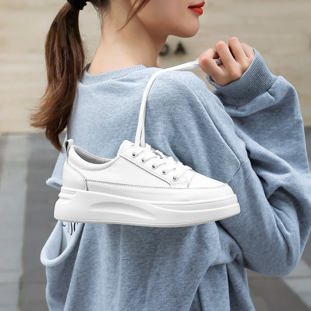 

Genuine Leather Casual Shoes Women Sneakers Light White Sneaker Platform Med Heel Ladies Shoe Comfortable Vulcanized Shoe