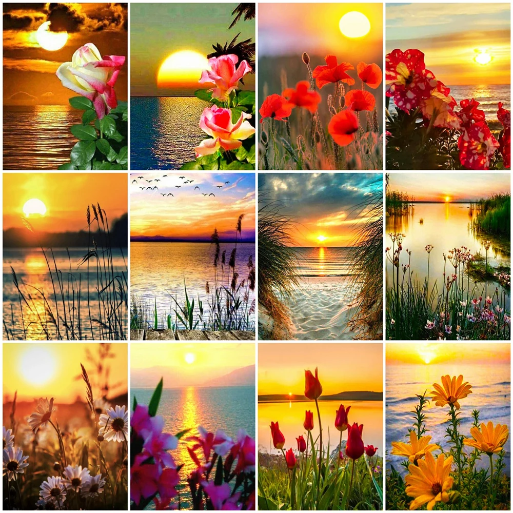 

HUACAN картина маслом закат цветок рисунок на холсте Ручная роспись искусство подарок Сделай Сам картина по номеру морские пейзажи наборы дом...