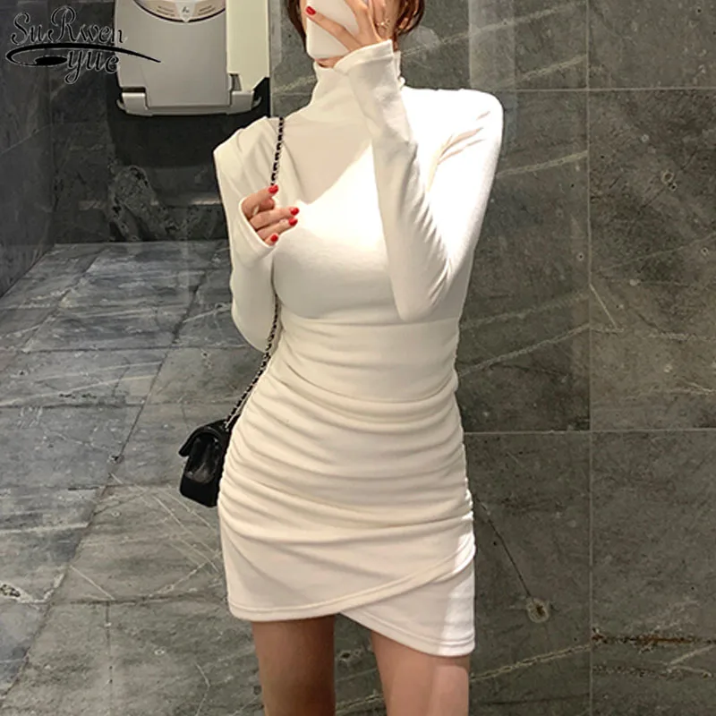 

2021 Slim Long Sleeve White Dress Spring Pleated Turtleneck Hip Dress Women Above Knee Ruched Elegant Sheath Dress Robe 12975