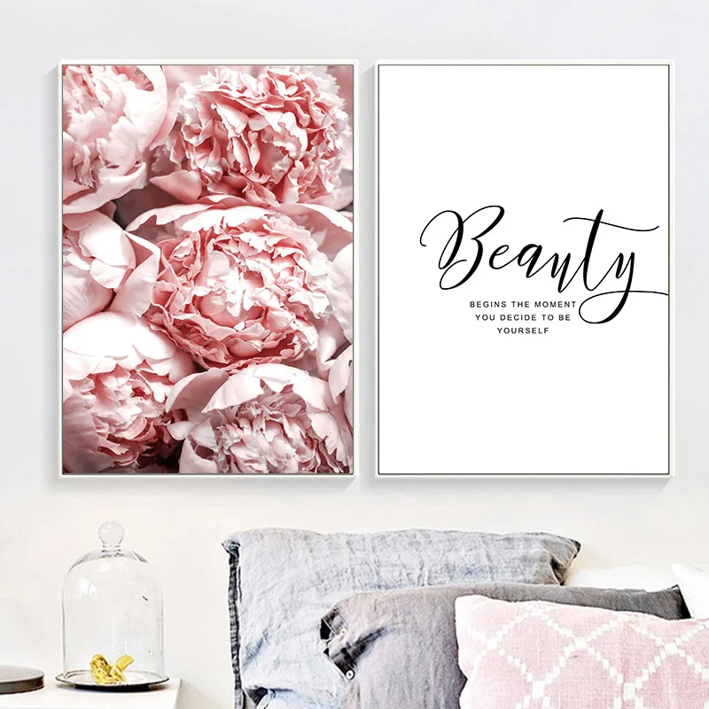 

Peony Flower Canvas Poster Beauty Quotes Wall Art Print Painting Nordic Style Wall Picture Living Room Scandinavian Home Decor