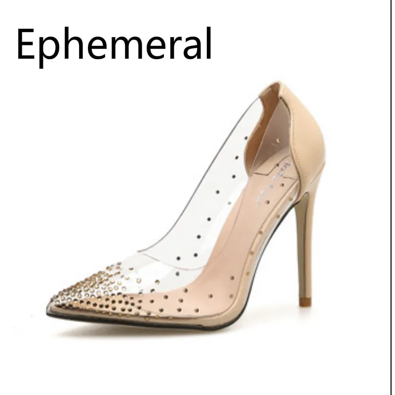

Sexy Women Shoes Super High Heels 11cm Pumps Ponty Toe Clear Rivets Shoes Pathchwork Plus Size 40 35 39 Fashion Black Red Beige