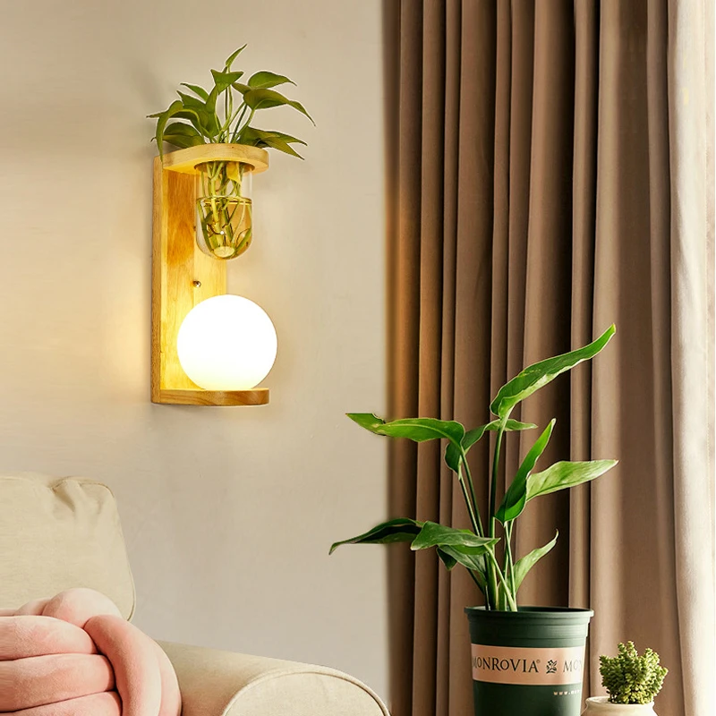 

Nordic Green Plant Wood Walll Lamp E27 Glass Sconce Bedside Bedroom Aisle Entrance Wall Decor LED Living Room Lights