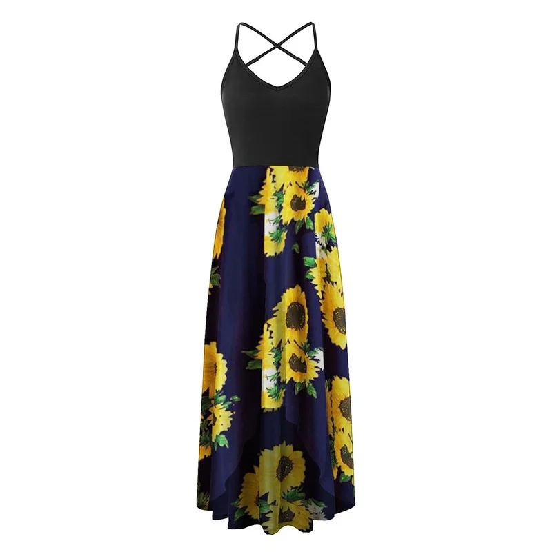

Summer New Dress Ladies Fashion Cactus Print Strapless Casual V-neck Sleeveless Belt Backless Beach Skirt Ladies Clothing 2021
