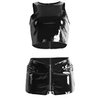 Комплект из двух предметов из искусственной кожи, пикантный облегающий черный топ без рукавов с круглым вырезом и шорты-боксеры с молнией и открытой промежностью
