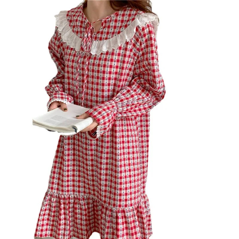 

New spring plaid print pajamas for women's nightdress long sleeves lace home dress nightdress set