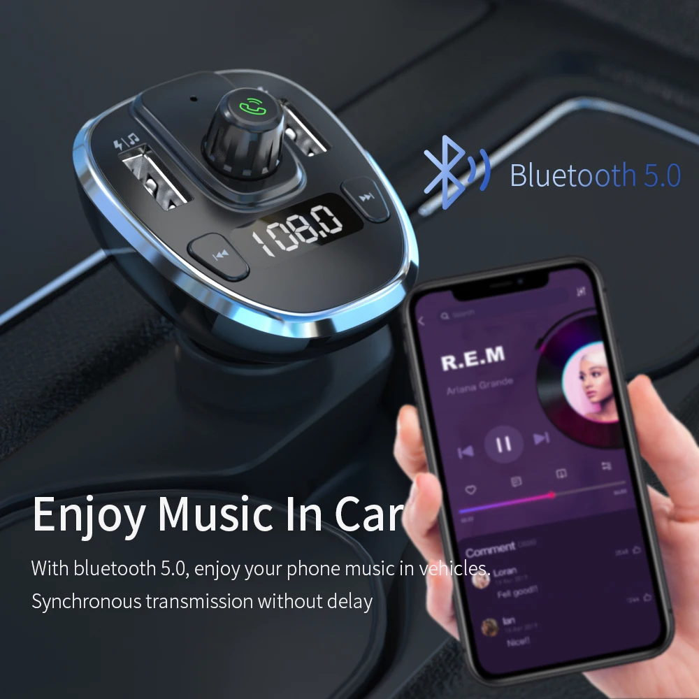 essager usb car charger bluetooth 5 0 car kit handsfree fm transmitter mp3 u disk tf card player mobile phone charger for auto free global shipping